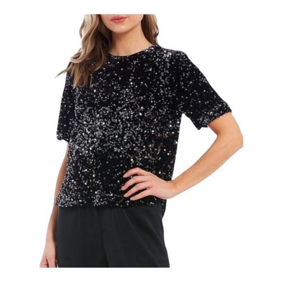 Alex Marie NWT Lia Sequined Crew Neck Short Sleeve StretchVelvet Black Blouse MD - Picture 14 of 16